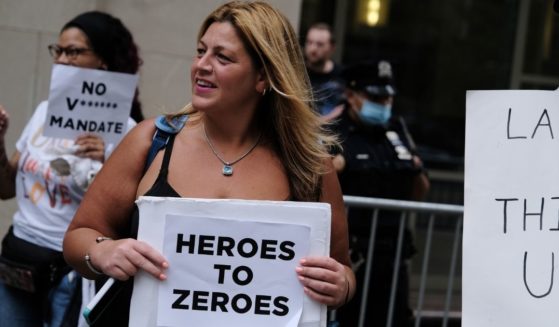 A small group of anti-vaccination protesters gather outside of New York-Presbyterian Hospital on Sept. 1, 2021 in New York City. Following a mandate from former Gov. Andrew Cuomo requiring all hospital staff to be vaccinated, hundreds of hospital workers across the state have been protesting against the measure.