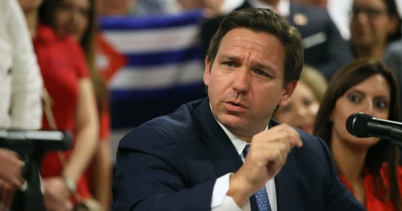 Florida Gov. Ron DeSantis takes part in a roundtable discussion about the uprising in Cuba at the American Museum of the Cuba Diaspora on July 13, 2021, in Miami.