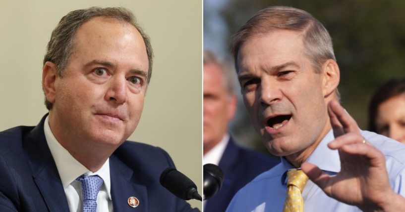 Democratic Rep. Adam Schiff of California, left, speaks during a hearing on July 27, 2021 at the U.S. Capitol in Washington, D.C. Republican Rep. Jim Jordan of Ohio, right, speaks during a news conference on July 27, 2021 in Washington, D.C.