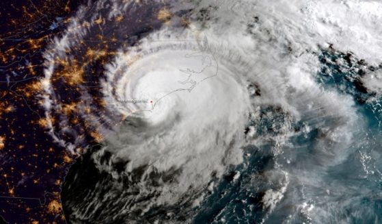 This NOAA satellite handout image captured at 7:45 a.m. ET shows Hurricane Florence as it made landfall near Wrightsville Beach, North Carolina on Sept. 14, 2018.