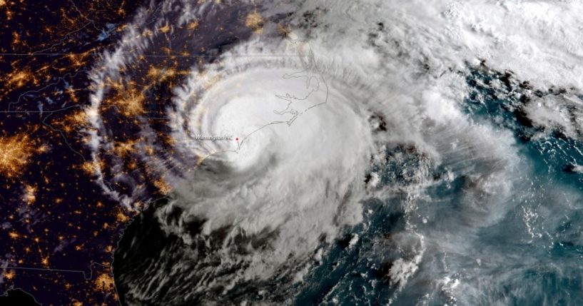 This NOAA satellite handout image captured at 7:45 a.m. ET shows Hurricane Florence as it made landfall near Wrightsville Beach, North Carolina on Sept. 14, 2018.