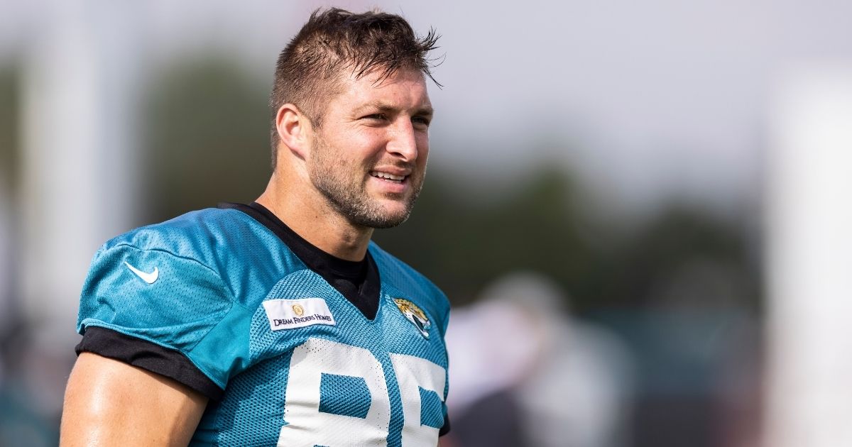 Tim Tebow #85 of the Jacksonville Jaguars looks on during Training Camp at TIAA Bank Field on July 30, 2021, in Jacksonville, Florida.
