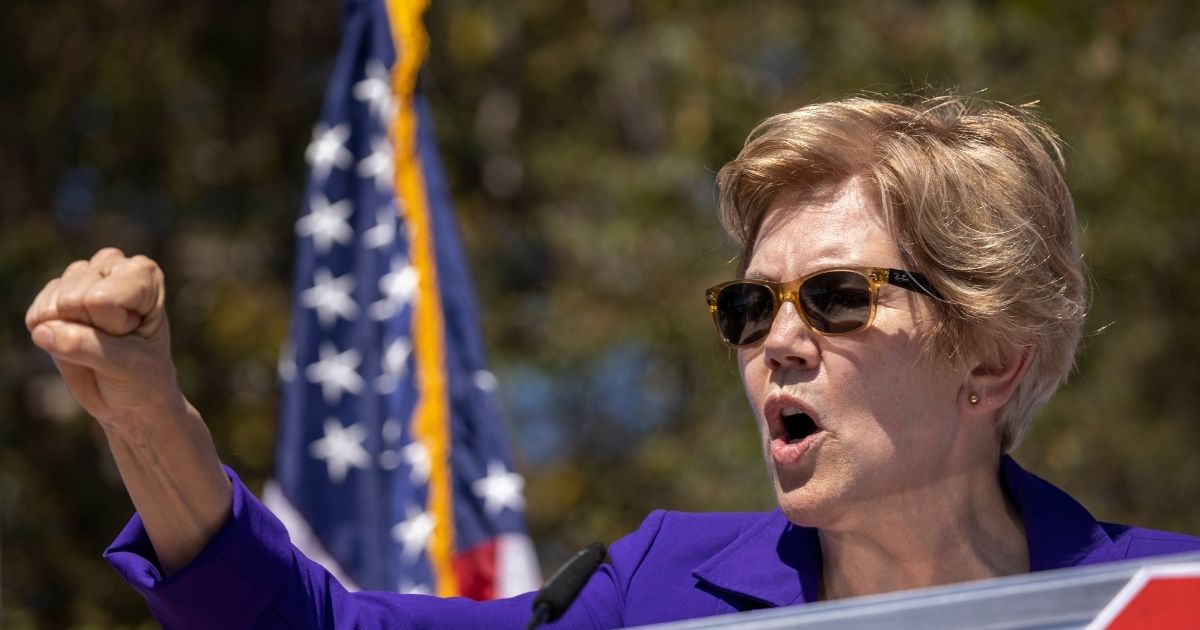 Sen. Elizabeth Warren speaks at a “Stop the Republican Recall” rally at Culver City High School in Culver City, California, on Sept. 4, 2021.