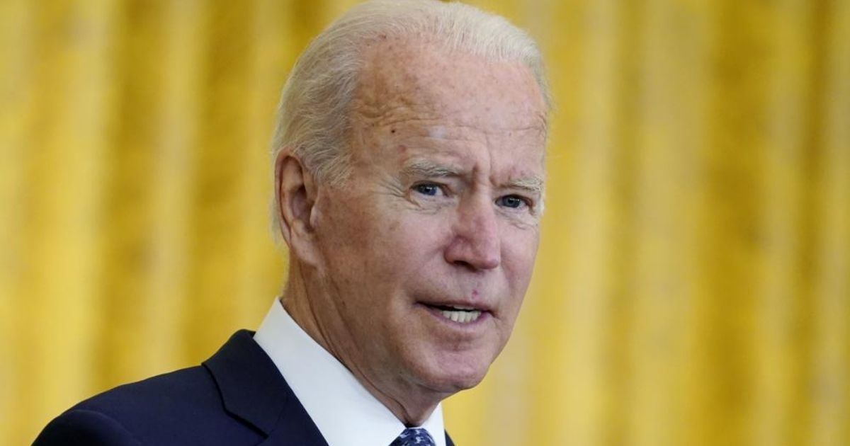 President Joe Biden is seen speaking from the White House’s East Room on Wednesday.