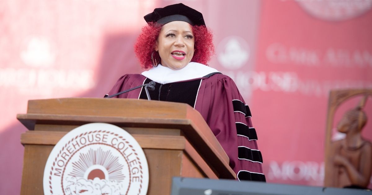 Author Nikole Hannah-Jones speaks during commencement at Morehouse College in Atlanta on May 16, 2021.