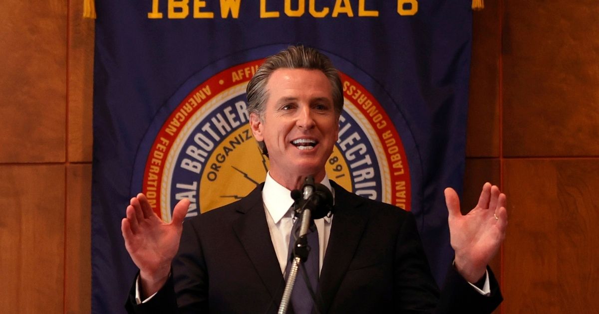 California Gov. Gavin Newsom speaks at the IBEW Local 6 union hall in San Francisco on Tuesday.