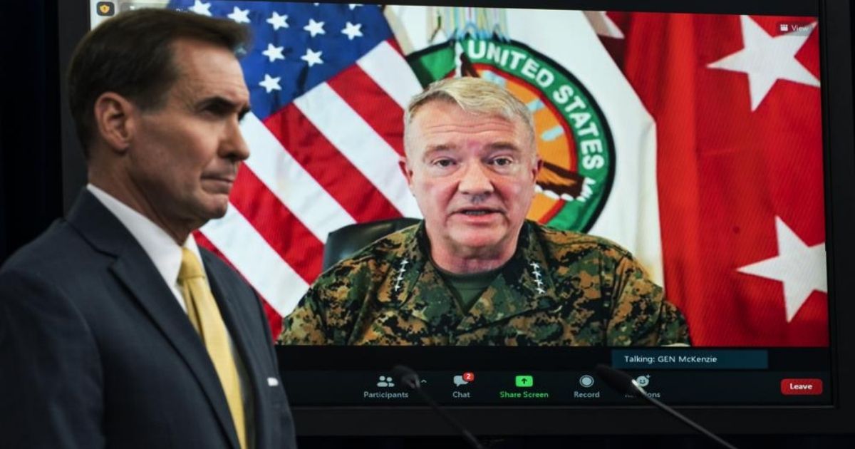 Gen. Frank McKenzie speaks from from MacDill Air Force Base, in Tampa, Florida, during a virtual briefing with Pentagon spokesperson John Kirby on Aug. 30.
