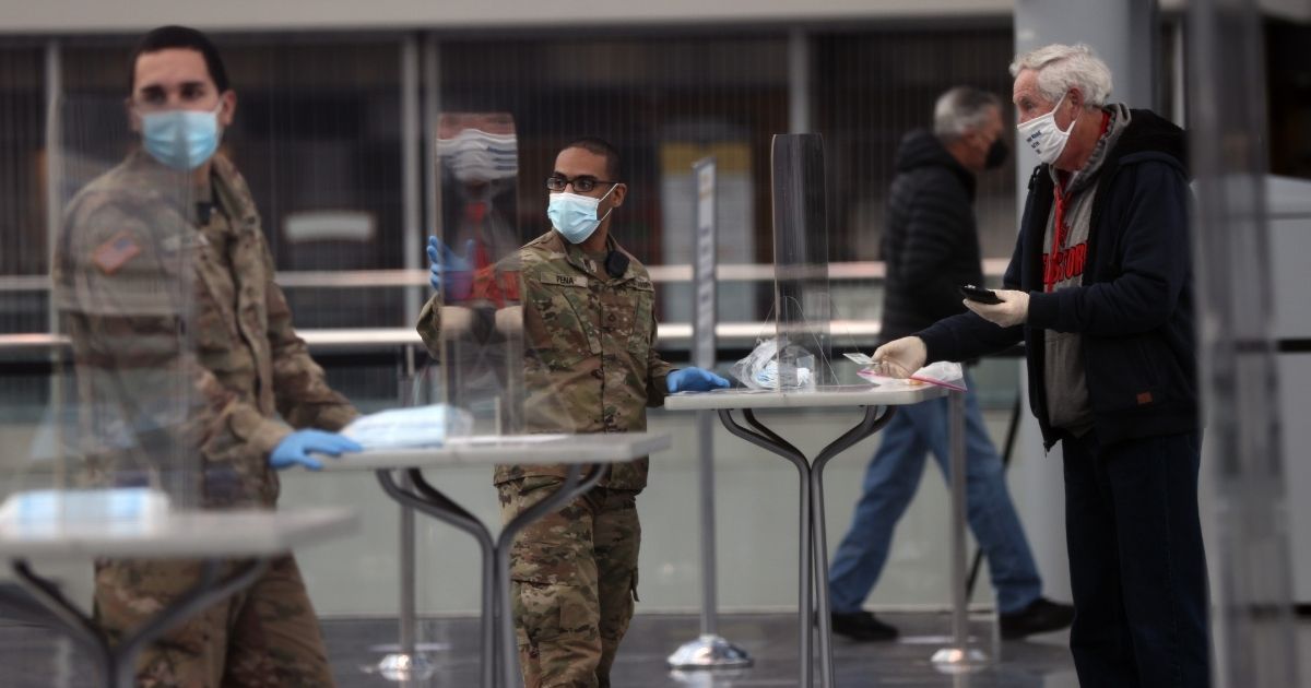 Members of New York's National Guard staff a COVID-19 vaccination site at the city's Javitz Center in Manhattan in January.