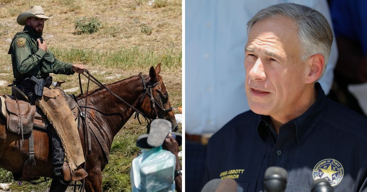 Horseback mounted Border Patrol agent, left; and Texas Gov. Greg Abbott, right.