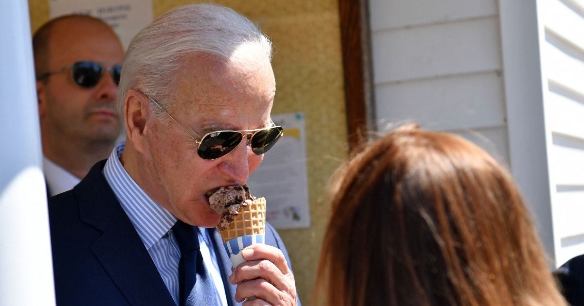 President Joe Biden eats an ice cream at Honey Hut Ice Cream in Cleveland, Ohio, on May 27.
