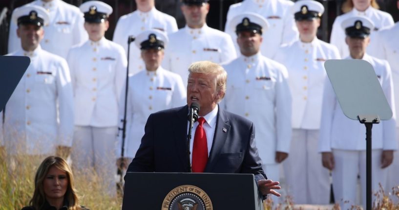 President Donald Trump speaks during a 911 memorial ceremony at the Pentagon to commemorate the anniversary of the 9/11 terror attacks Sept. 11, 2019, in Arlington, Virginia.