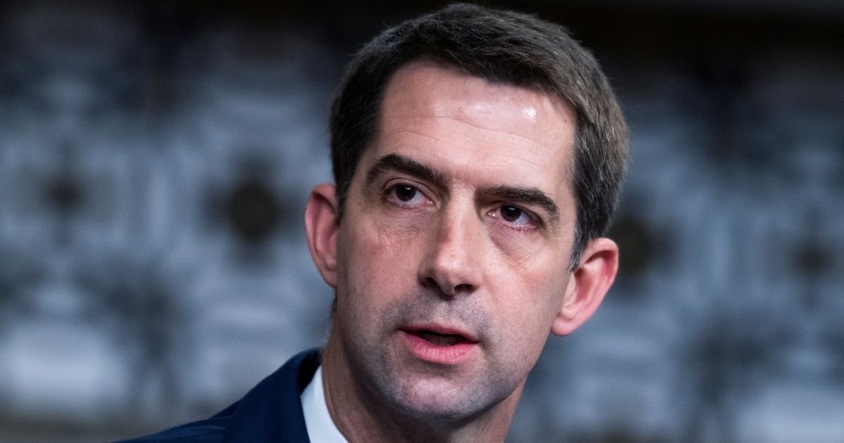 Arkansas Republican Sen. Tom Cotton asks a question during a Senate Judiciary Committee hearing in the Dirksen Senate Office Building in Washington on April 28.