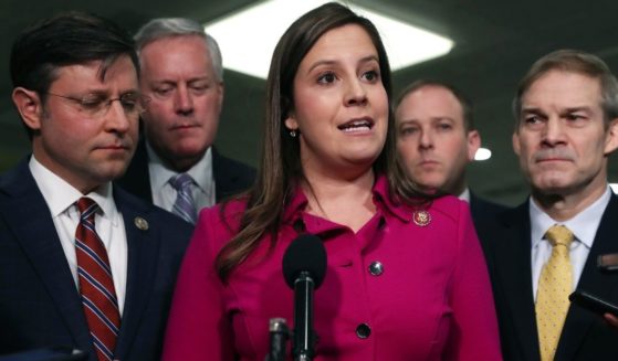 New York Rep. Elise Stefanik speaks with reporters in the Senate subway in a January 2020 file photo.