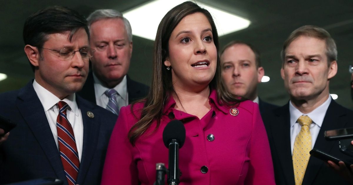 New York Rep. Elise Stefanik speaks with reporters in the Senate subway in a January 2020 file photo.