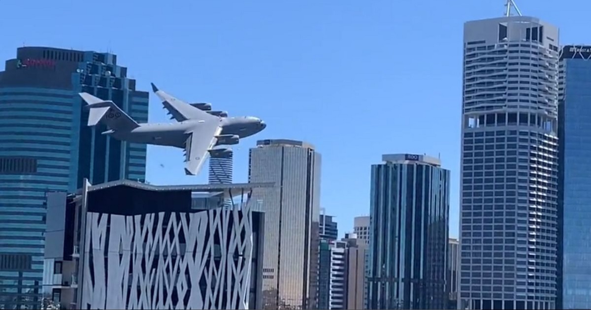 An Australian Air Force C-17 cargo plane demonstrates how nimble the large jet can be during maneuvers over Brisbane, Australia.