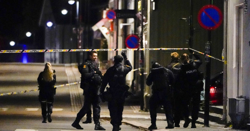 Police at the scene after an attack Wednesday in Konigsberg, Norway.