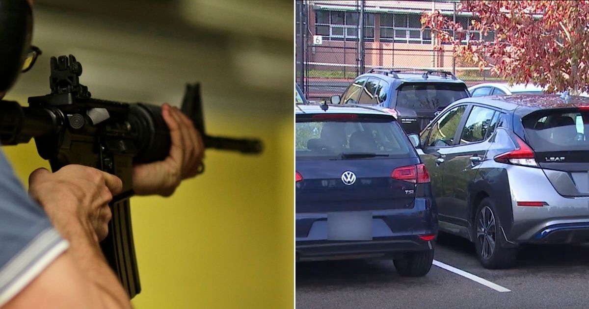 A man with an AR-15 rifle, left, threatened students in the parking lot at Ingraham High School in Seattle, right.
