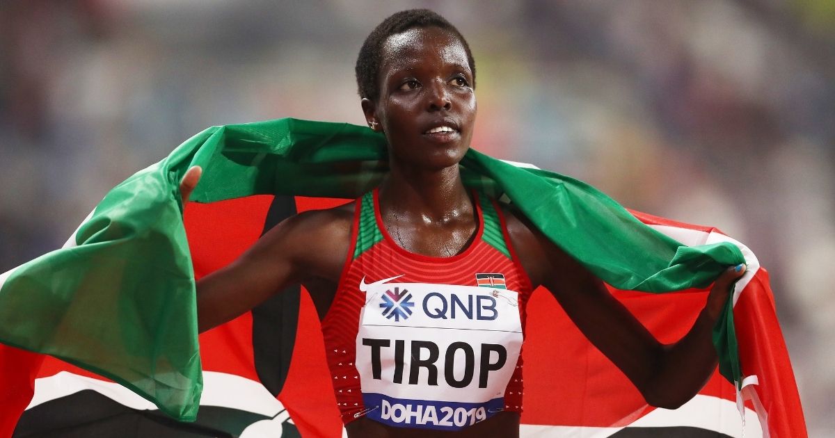 Agnes Jebet Tirop of Kenya celebrates winning bronze in the women's 10,000 meter final during the IAAF World Athletics Championships at Khalifa International Stadium on Sept. 28, 2019, in Doha, Qatar.