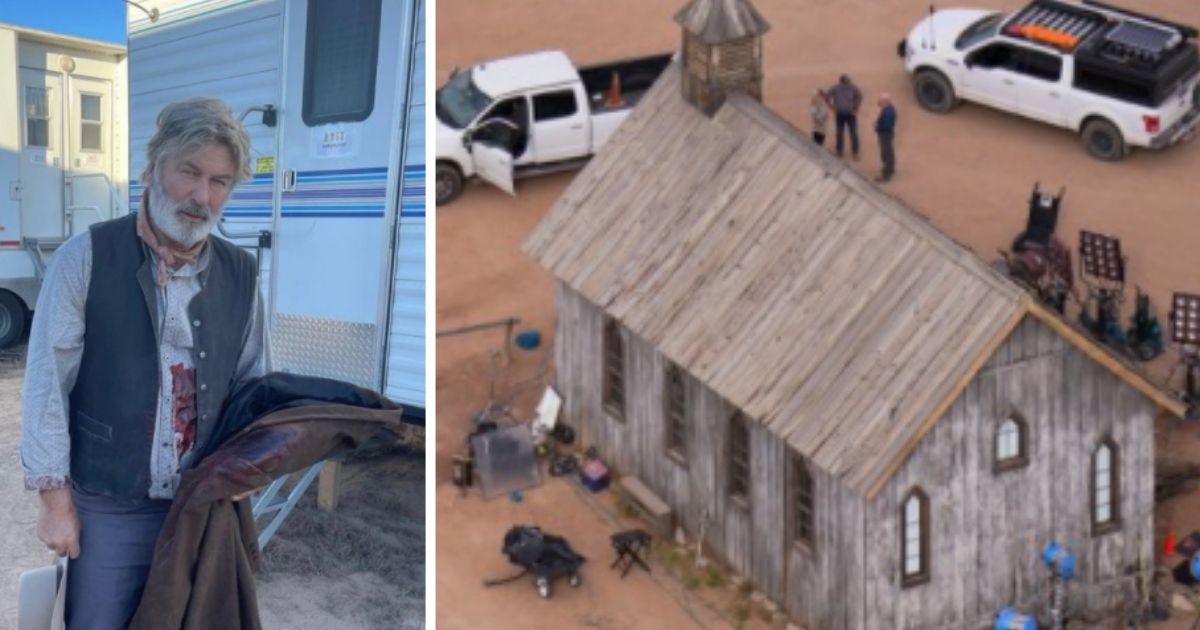 Alec Baldwin, left, is seen on the set of the movie "Rust." A picture shows the "Rust" set with production equipment.