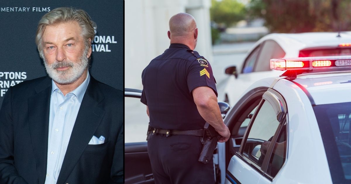 Alec Baldwin, left, attends a premiere at Hamptons International Film Festival on Oct. 7 in East Hampton, New York. A police officer is seen in the stock image on the right.