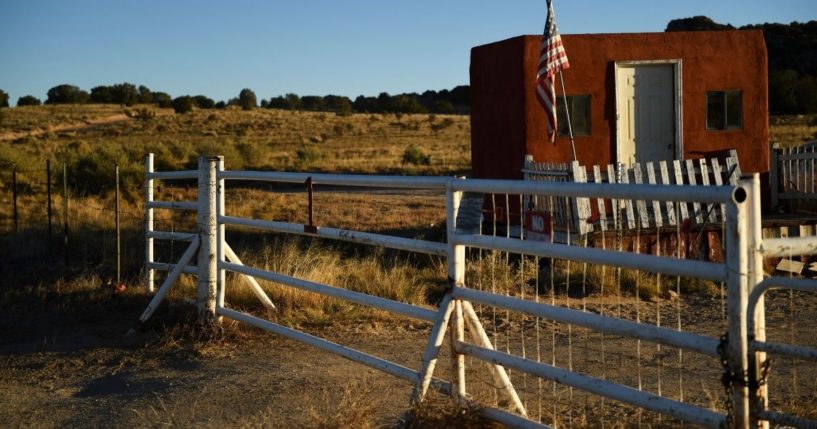The entrance to the Bonanza Creek Ranch, where the movie "Rust" was being filmed, is seen on Friday in Santa Fe, New Mexico.