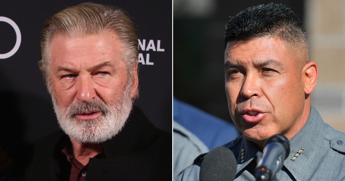 At left, Alec Baldwin attends a screening at the Hamptons International Film Festival at Guild Hall in East Hampton, New York, on Oct. 8. At right, Santa Fe County Sheriff Adan Mendoza speaks during a news conference at the Santa Fe County Public Safety Building about the fatal shooting on the set of the movie "Rust" in Santa Fe, New Mexico, on Wednesday.