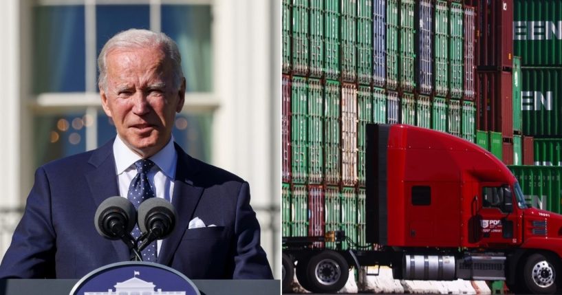 Left: President Joe Biden delivers remarks at the White House on Monday in Washington, D.C. Right: A truck drives past cargo containers stacked at the Port of Los Angeles, the nation’s busiest container port, on Friday in San Pedro, California.