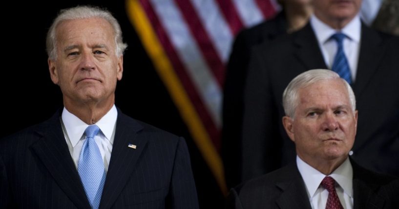 Robert Gates, right, is pictured with then-Vice President Joe Biden at a change-of-command ceremony in Baghdad, Iraq in September of 2010. Despite the two having served together on the same team during the Obama administration, the former US Defense Secretary had harsh criticism during a recent television interview regarding the Biden administration's badly mishandled Afghanistan withdrawal.