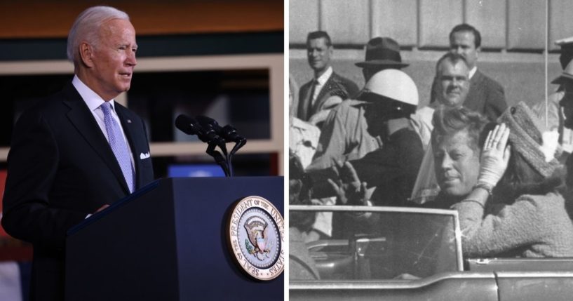 President Joe Biden, seen speaking at an event Wednesday in Scranton, Pennsylvania, has pushed back the release date for documents relating to the assassination of John F. Kennedy, seen at right moments before he was shot dead in Dallas, Texas, on Nov. 22, 1963.