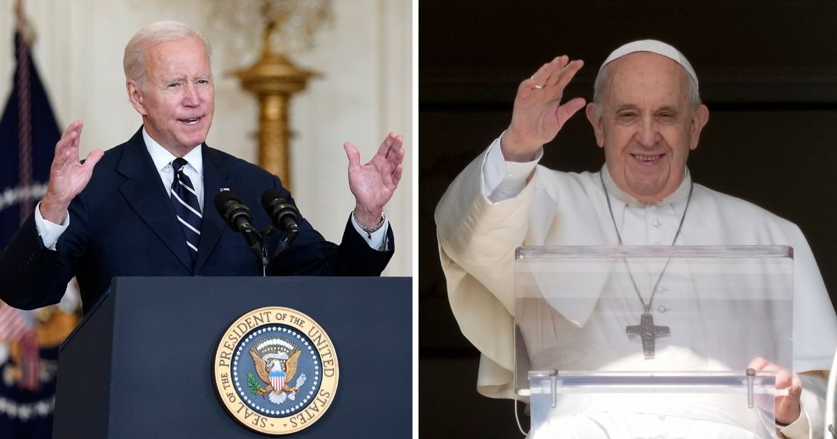 President Joe Biden, left, speaks from the East Room of the White House on Thursday. Pope Francis recites the noon prayer in the Vatican on Sunday.