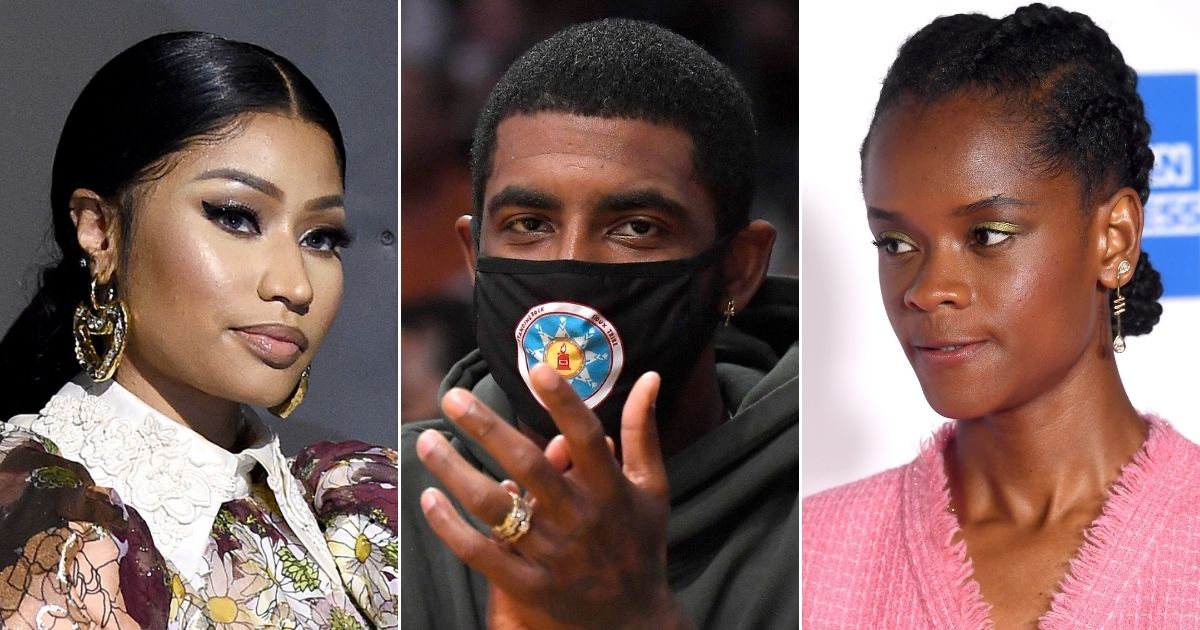 Rapper Nicki Minaj, left, NBA star Kyrie Irving, center, and actress Letitia Wright are some of the black celebrities who have faced harsh criticism for their stance on the coronavirus vaccines.