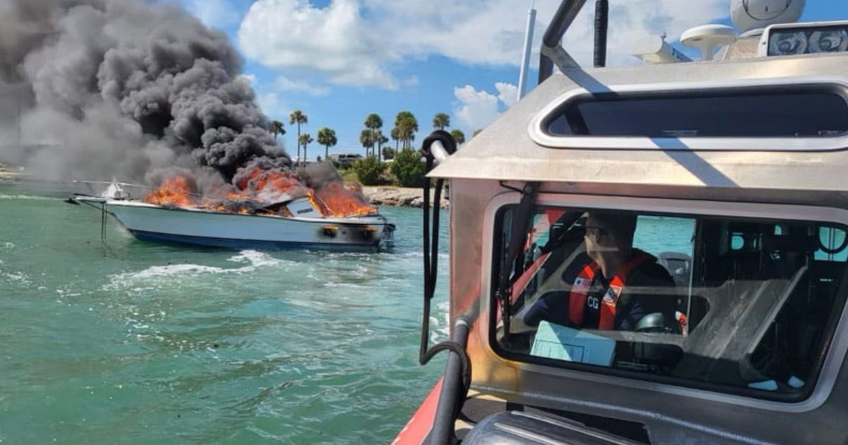 A Coast Guard Station Islamorada rescue crew discovers a vessel fire in the vicinity of Whale Harbor Channel, Islamorada, on Oct. 13, 2021.