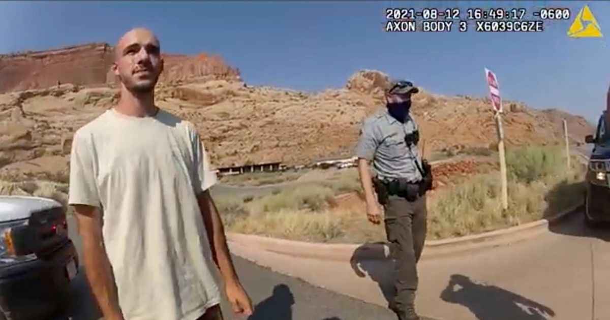 This Aug. 12, 2021 file photo from video provided by the Moab, Utah, Police Department shows Brian Laundrie talking to a police officer after police pulled over the van he was traveling in with his girlfriend, Gabrielle "Gabby" Petito, near the entrance to Arches National Park in Utah.