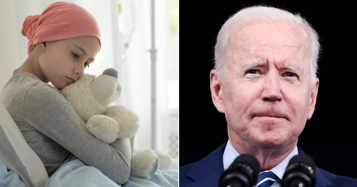 At left, a girl with cancer wears a headscarf and hugs a teddy bear. At right, President Joe Biden speaks in the South Court Auditorium of the White House in Washington on Sept. 27.