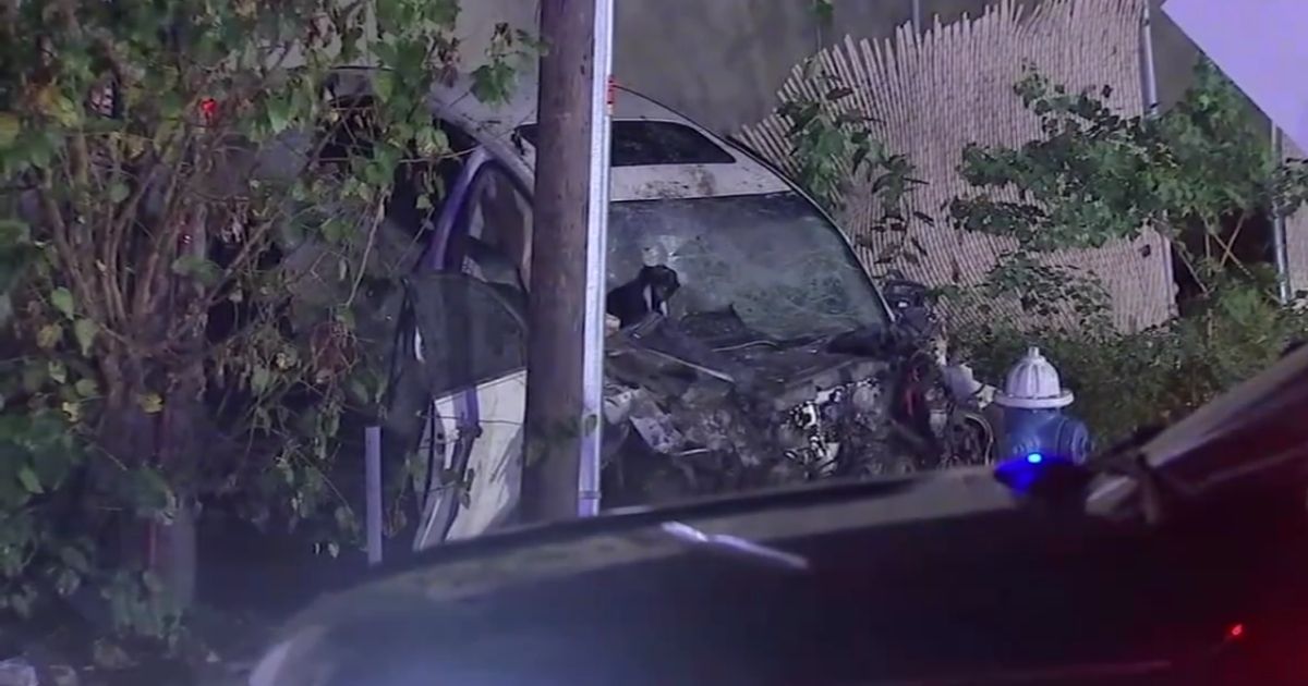 The scene of a car crash is shown, after a 17-year-old valet at Cafe Mawal in Houston reportedly took a customer's car out for a joyride.