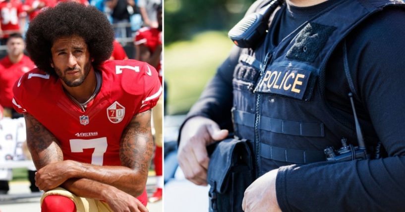 Colin Kaepernick of the San Francisco 49ers, left, kneels during the national anthem prior to a game against the Carolina Panthers at Bank of America Stadium on Sept. 18, 2016, in Charlotte, North Carolina. A police officer is seen in the stock image on the right.
