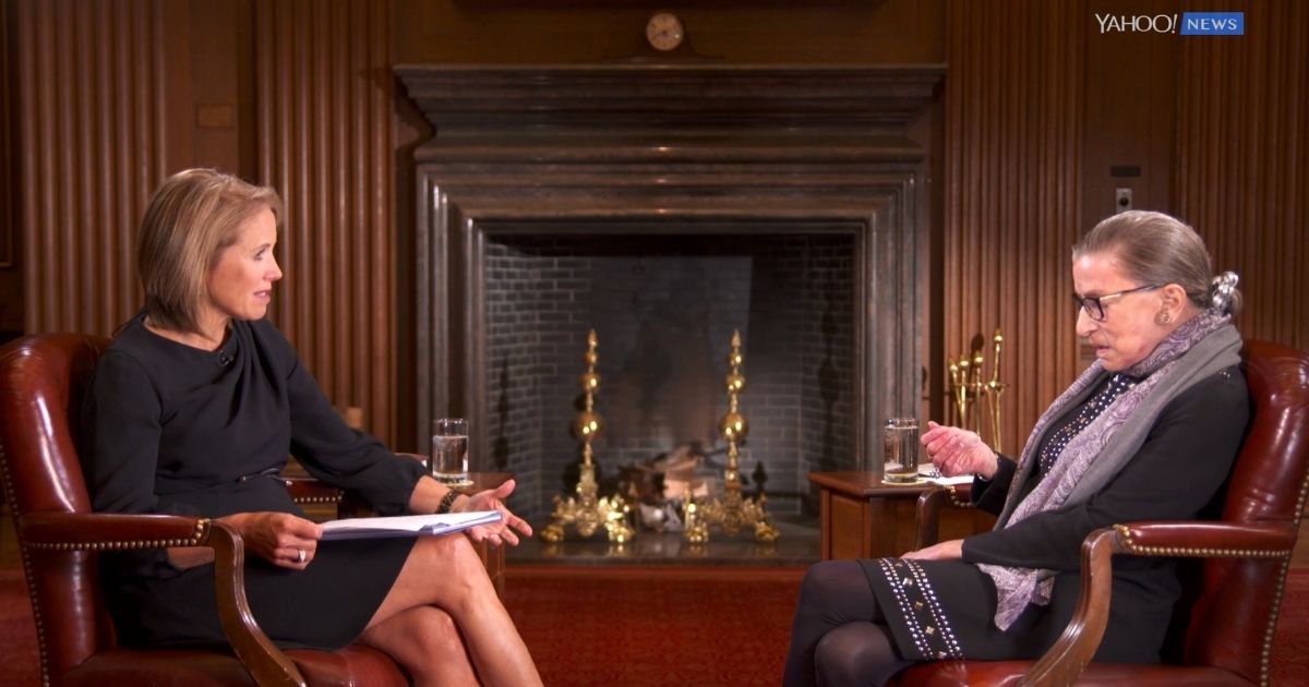 Katie Couric interviews Supreme Court Justice Ruth Bader Ginsburg for Yahoo News in October 2016.