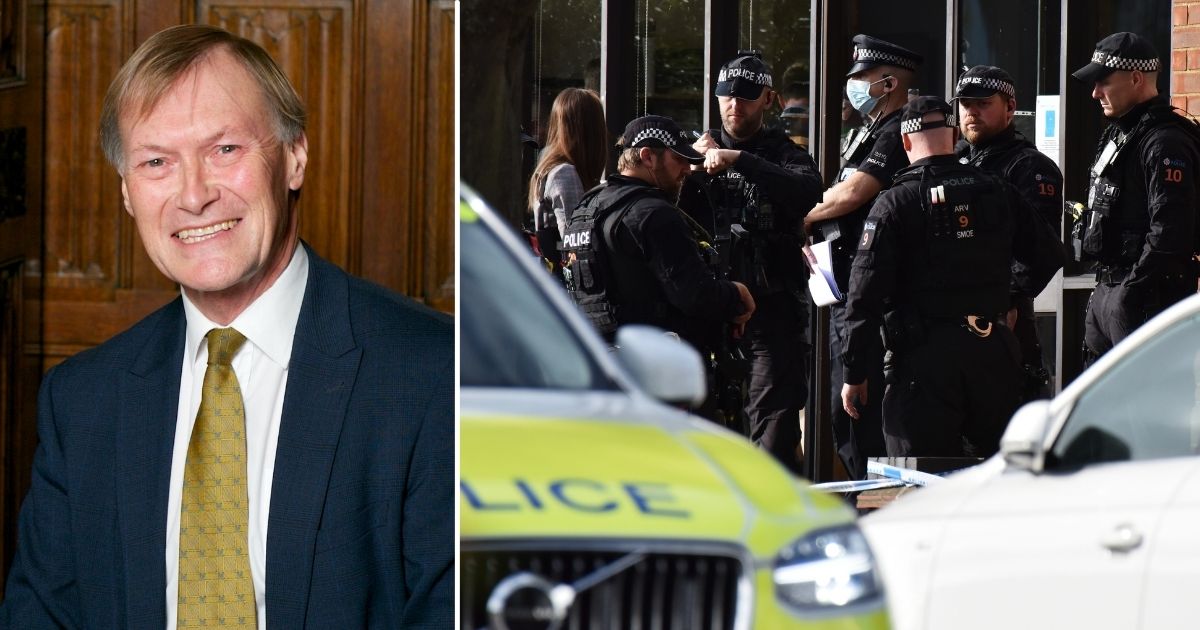 U.K. Conservative MP David Amess, left, is seen at the House of Commons on Oct. 16, 2016, in London. Police officers are seen following the stabbing of Amess as he met with constituents on Friday in Leigh-on-Sea, England.