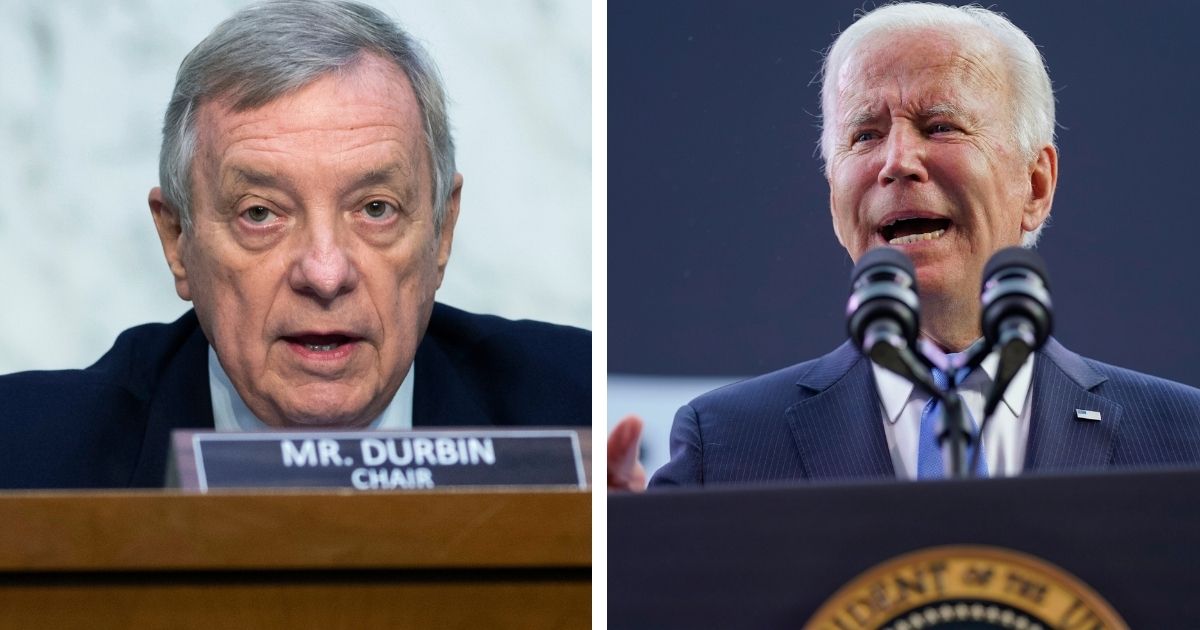 Democratic Sen. Dick Durbin, left, talks during a Senate Judiciary hearing on Capital Hill on Sept. 15. President Joe Biden gives remarks during the Dodd Center for Human Rights dedication in Storrs, Connecticut on Friday.