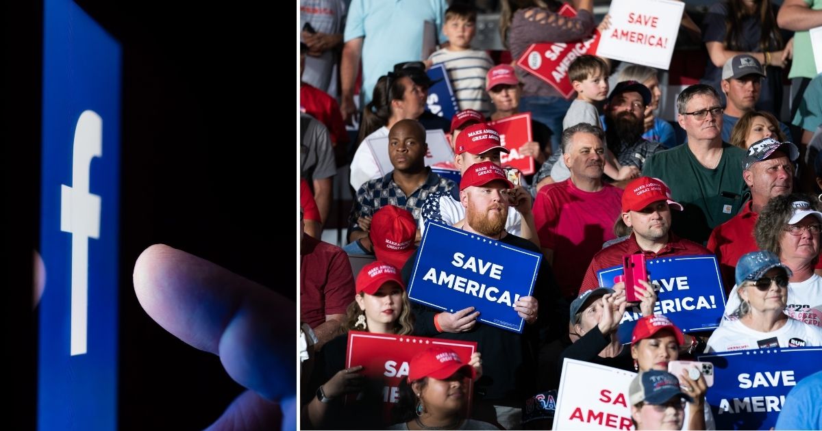 The Facebook logo is seen on a cellphone screen in the stock image on the left. Supporters of former President Donald Trump listen at a rally on Sept. 25 in Perry, Georgia.