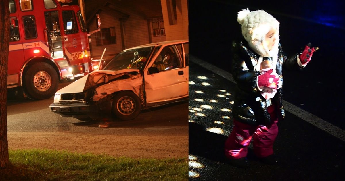 Firefighters are seen at the scene of an accident. A little girl attempts to catch the light in the dark.