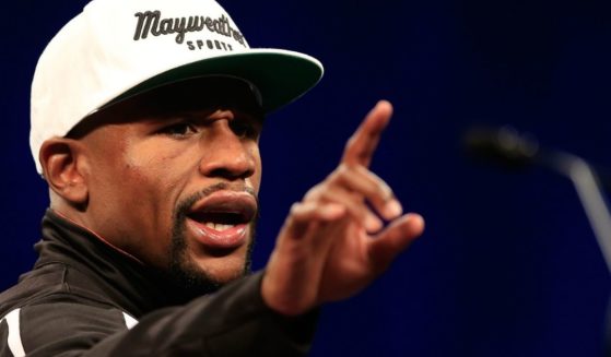 Floyd Mayweather addresses the media on May 2, 2015, at MGM Grand Garden Arena in Las Vegas.