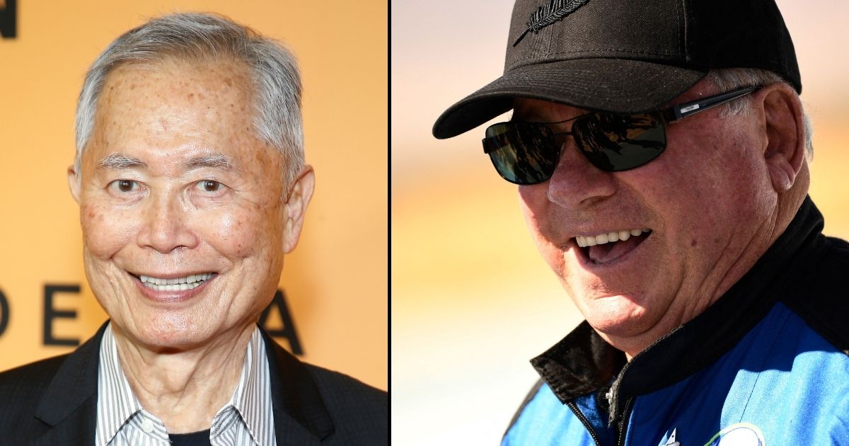 George Takei, left, is seen at Golden Theatre on Wednesday in New York City. William Shatner speaks to the media on Wednesday near Van Horn, Texas.
