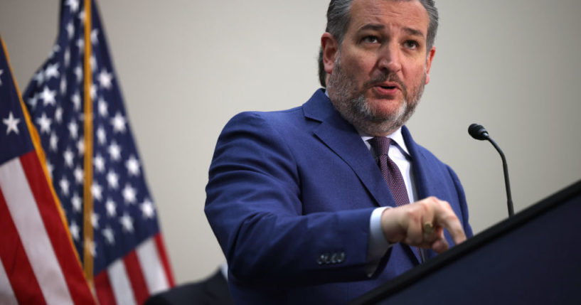 Texas Republican Sen. Ted Cruz gestures as he speaks during a news conference on the U.S. southern border and President Joe Biden’s immigration policies, in the Hart Senate Office Building on May 12, in Washington, D.C.