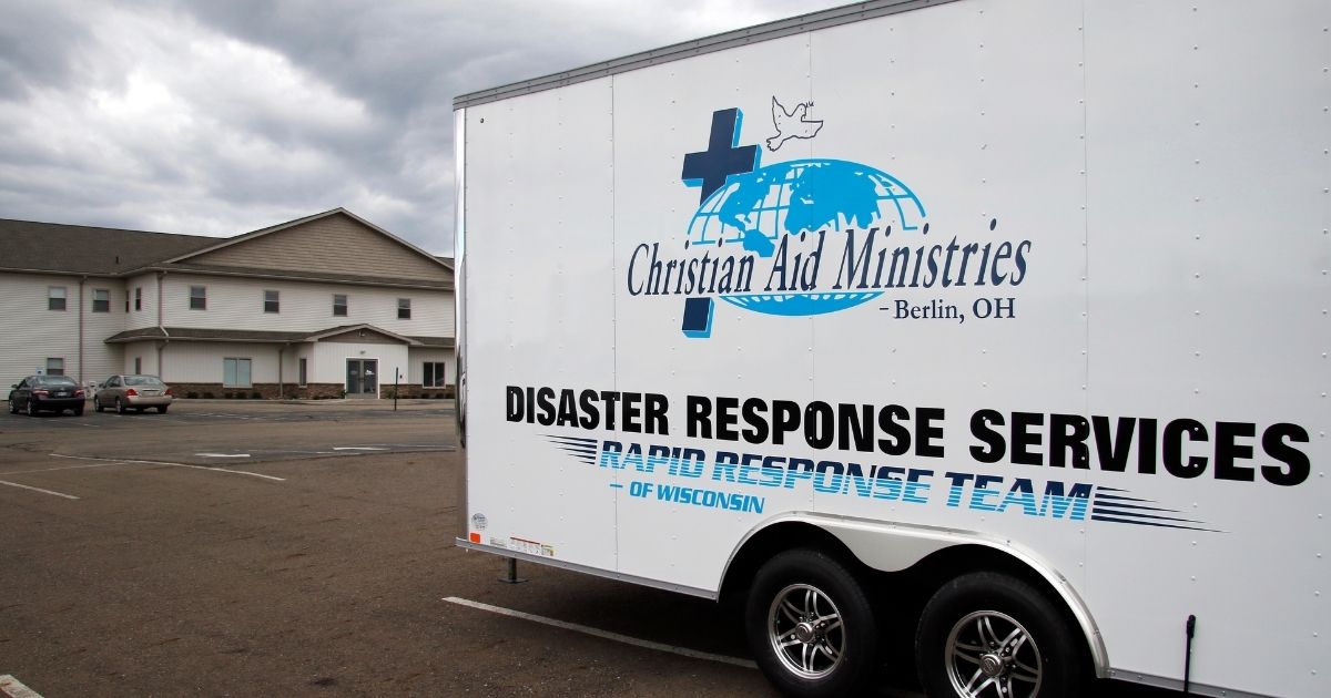 A disaster aid vehicle is shown Sunday in front of Christian Aid Ministries in Berlin, Ohio. A group of 16 Americans and a Canadian, including at least two children, was kidnapped Saturday by a gang in Haiti as they returned from building an orphanage.