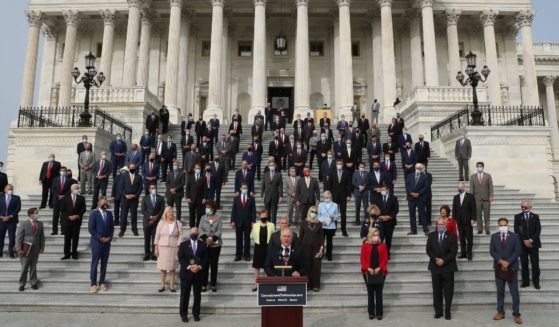 House Republicans gather on the East Steps of the House of Representatives to introduce their proposed legislative agenda on Sept. 15, 2020, in Washington, D.C.
