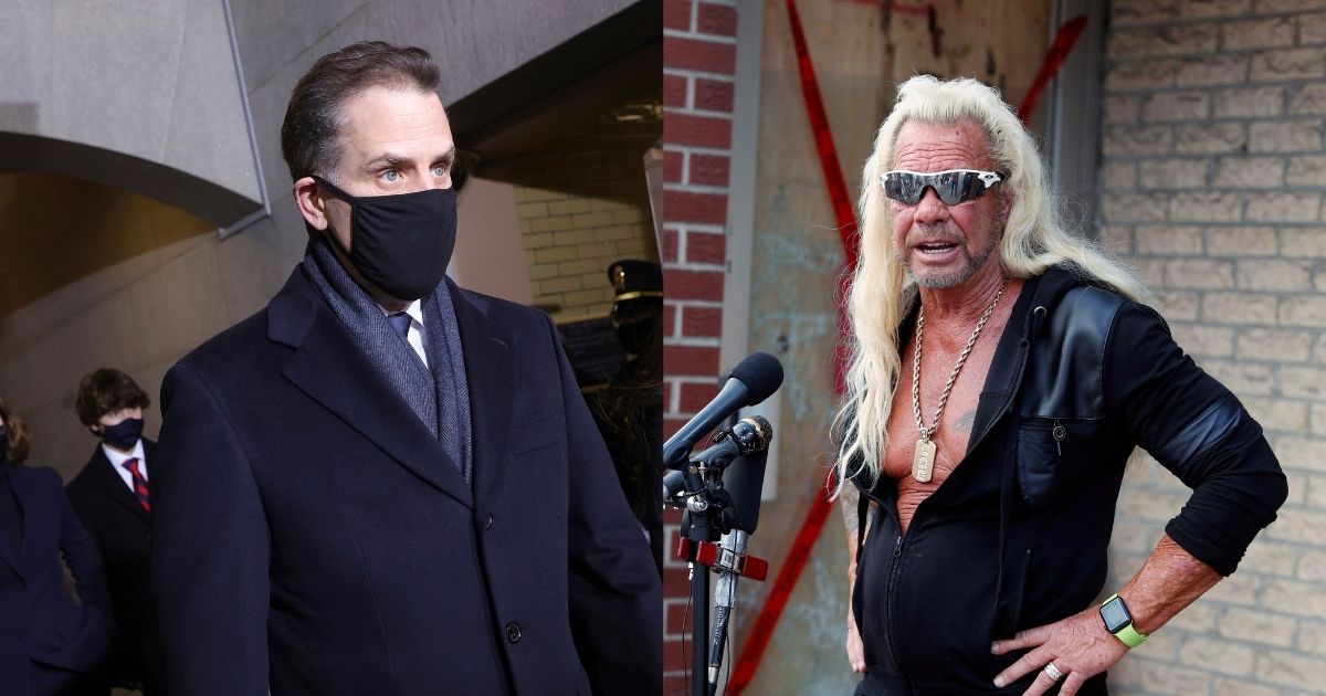 Hunter Biden, left, approaches the West Front of the U.S. Capitol for his father's presidential inauguration on Jan. 20. Duane "Dog the Bounty Hunter" Chapman, right, speaks to reporters in Edgewater, Colorado on Aug. 2, 2019.
