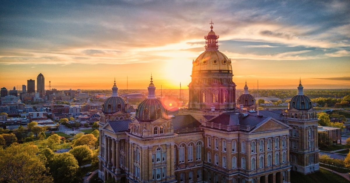 The Iowa State Capitol is seen in Des Moines at sunset.