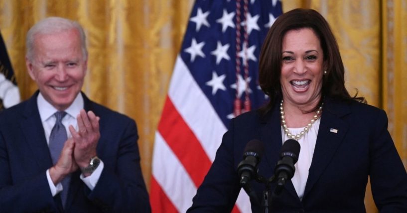 Vice President Kamala Harris speaks as President Joe Biden applauds during an event at the White House on June 17, 2021, in Washington, D.C.