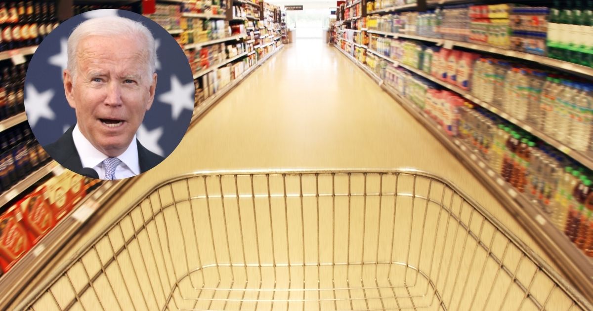 President Joe Biden speaks at the Electric City Trolley Museum on Wednesday in Scranton, Pennsylvania. A cart is seen in a grocery store in the above stock image.
